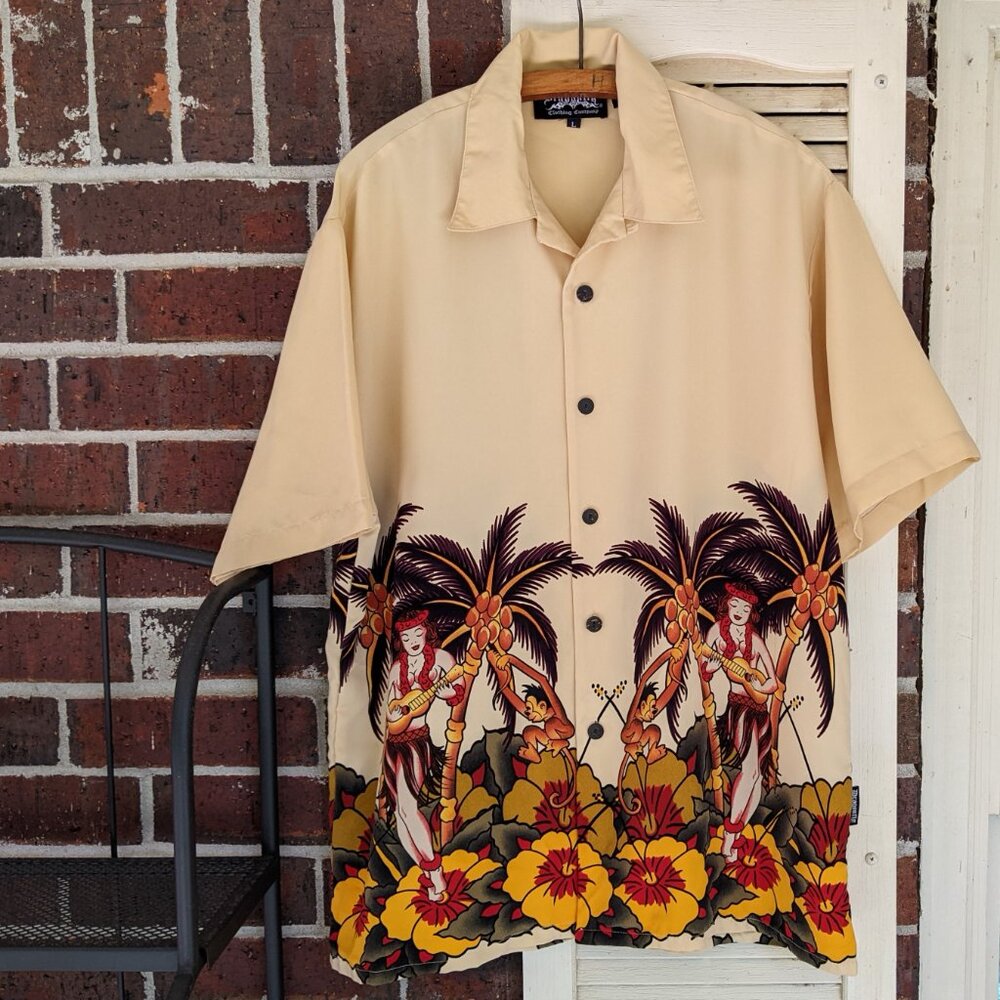 Vtg Dragonfly Clothing Company Island Print, Button-Down Shirt Sz L
